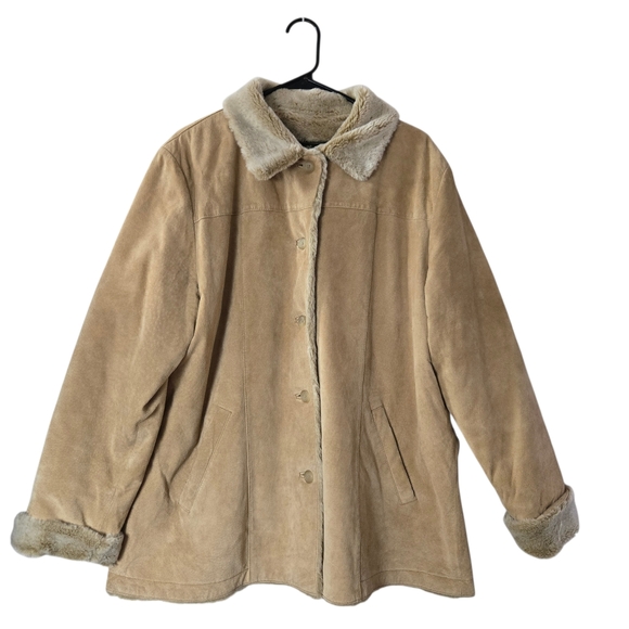 Eddie Bauer Jackets & Blazers - Eddie Bauer Genuine Leather Tan Jacket Button Front Y2K Faux Shearling Lined XL